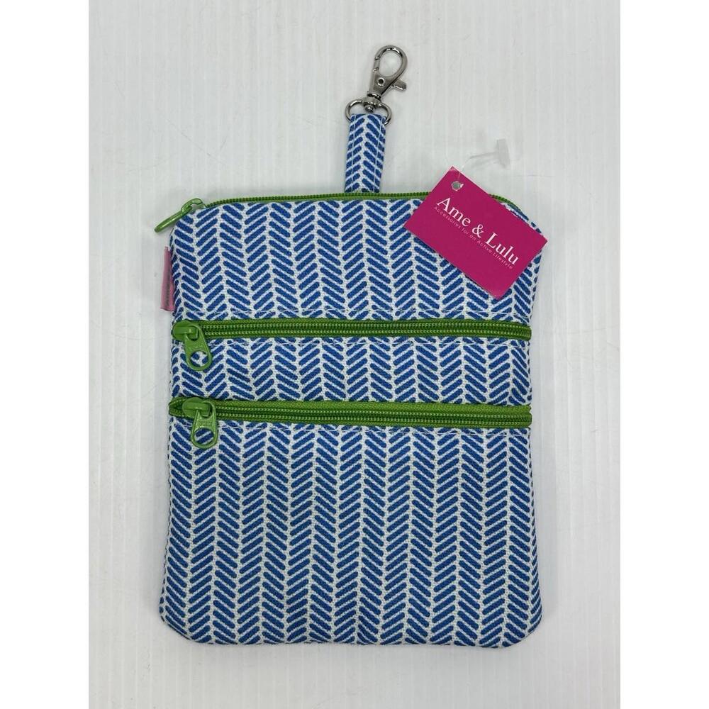 Ame and Lulu‎ Clip On Tee Bag Blue White Herringbone Green Zipper Pouch NWT